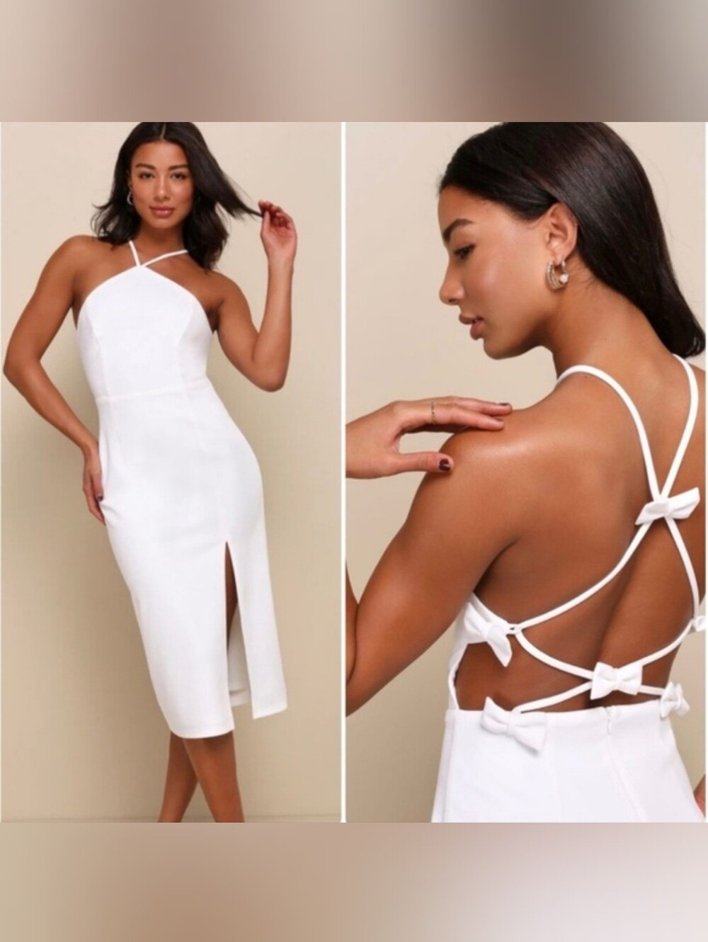 Lulus Glamorous Adornment Ivory Halter Strappy Bow Midi Wedding Dress
